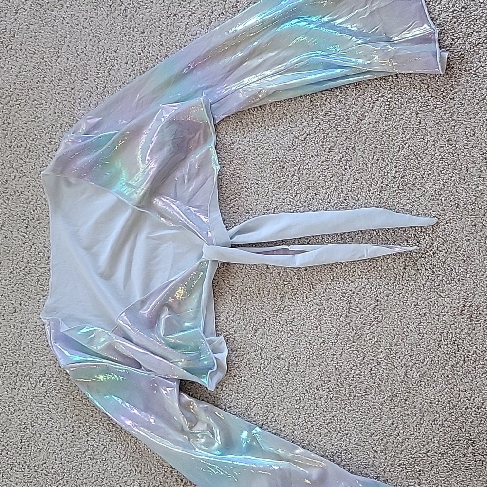 Iridescent tie halter top with flare sleeves, crop top